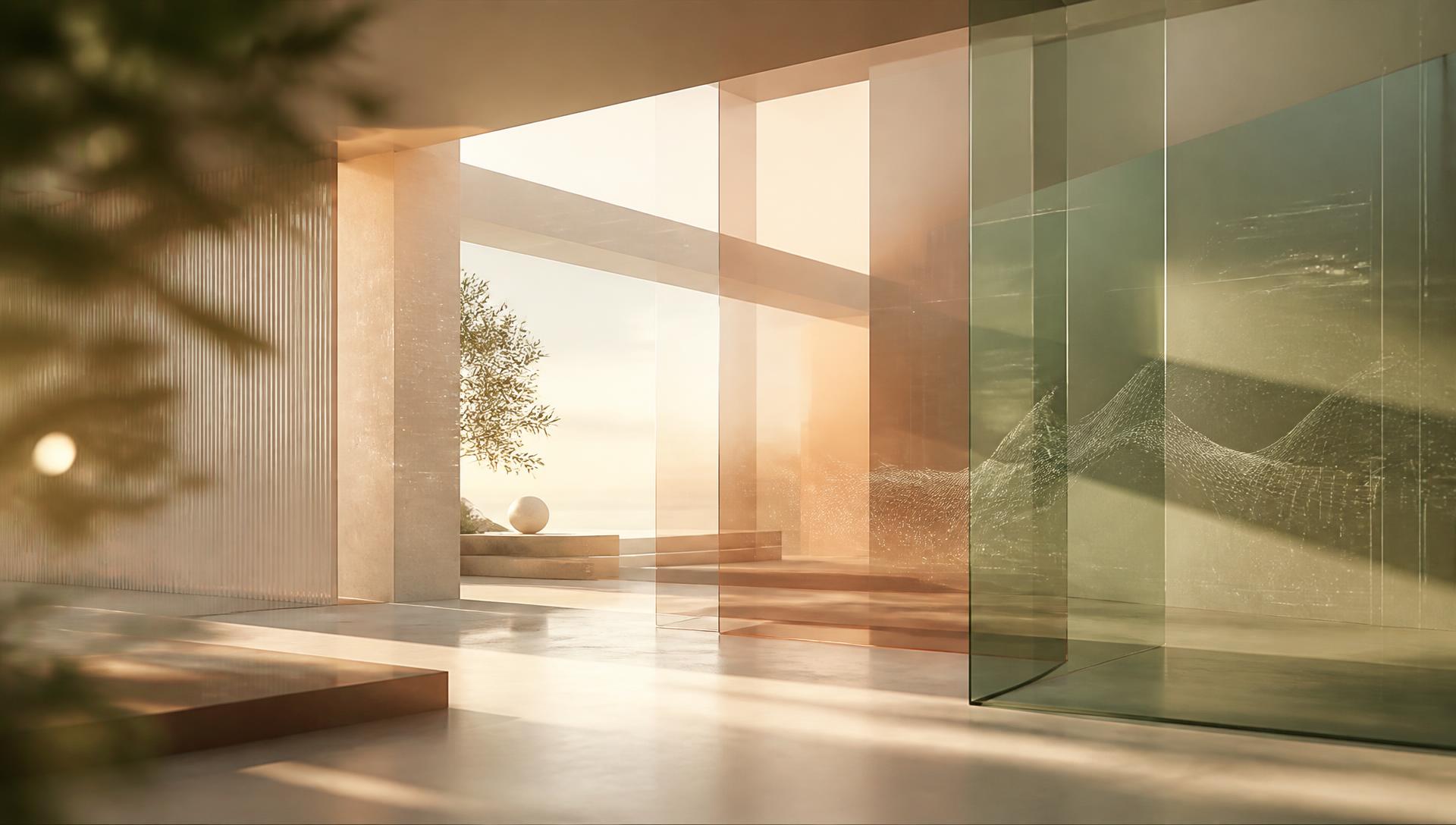 Espacio digital aspiracional con luz cálida y superficies de cristal